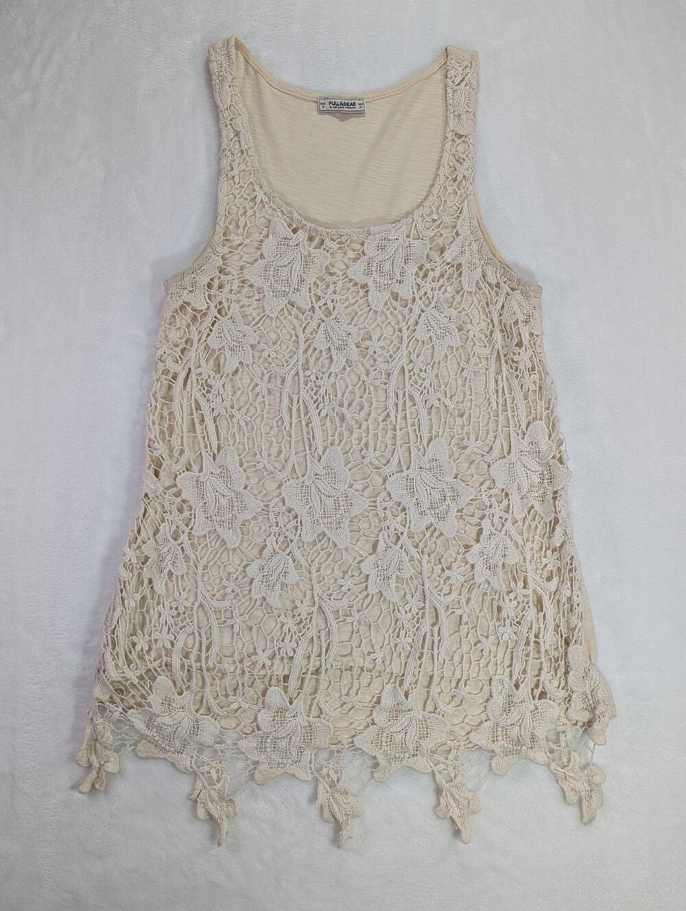 Pull&Bear Womens Small Cream Crochet Open Knit Tank Top Built In Lining Boho